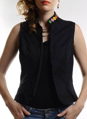 Women's Designer Black Lycra Top With Mirror Work On The Collar 1