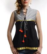 Women's Designer Grey And Black Chanderi Top With Golden Patti On The Waist