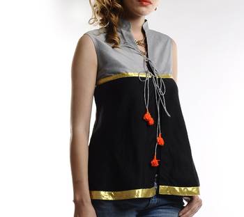 Women's Designer Grey And Black Chanderi Top With Golden Patti On The Waist 3