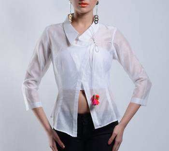 Women's Designer Asymmetrical White Chanderi Top 1