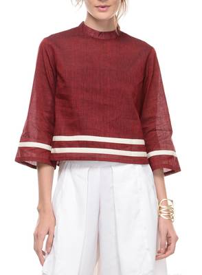 Women's Designer Maroon Top With White Stripes 1