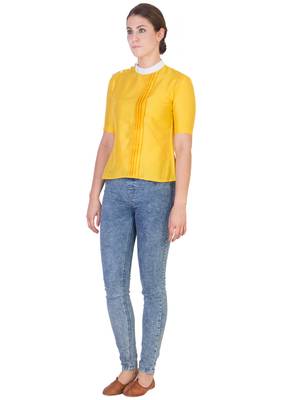 Women's Designer Yellow Solid Color Top With White Details 4