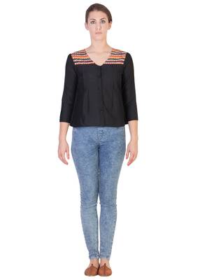 Women's Designer Black Cotton Top With Multi Colored Detialing 1