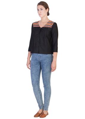 Women's Designer Black Cotton Top With Multi Colored Detialing 3
