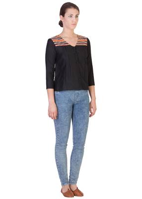 Women's Designer Black Cotton Top With Multi Colored Detialing 4