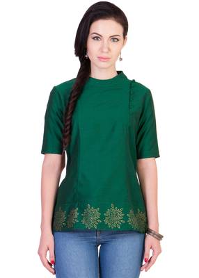 Women's Designer Pannelled Green Top With Printed Hem 1