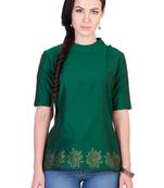 Women's Designer Pannelled Green Top With Printed Hem