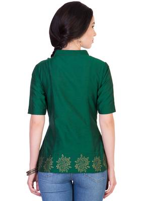 Women's Designer Pannelled Green Top With Printed Hem 2