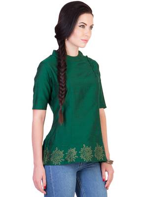 Women's Designer Pannelled Green Top With Printed Hem 3