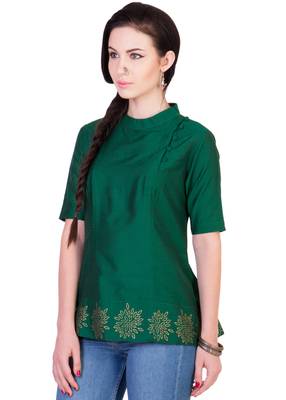 Women's Designer Pannelled Green Top With Printed Hem 4