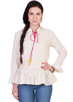 Women's Designer Off White Cotton Top With Peplum And Drawstrings 1