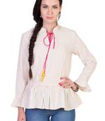 Women's Designer Off White Cotton Top With Peplum And Drawstrings