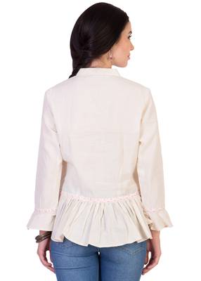 Women's Designer Off White Cotton Top With Peplum And Drawstrings 2
