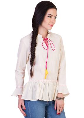Women's Designer Off White Cotton Top With Peplum And Drawstrings 3