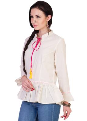 Women's Designer Off White Cotton Top With Peplum And Drawstrings 4