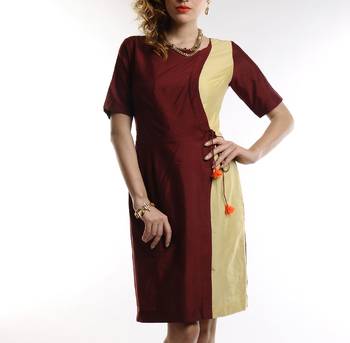 Women's Designer Maroon And Golden Cotton Silk Dress 1