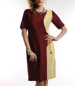 Women's Designer Maroon And Golden Cotton Silk Dress