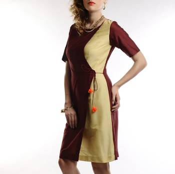 Women's Designer Maroon And Golden Cotton Silk Dress 3