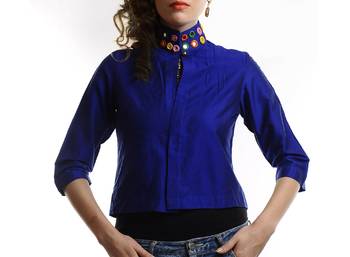 Women's Designer Blue Jacket With Mirror Work On The Collar 1
