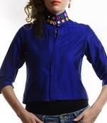 Women's Designer Blue Jacket With Mirror Work On The Collar