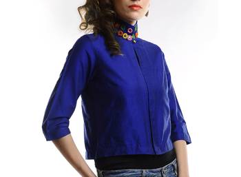 Women's Designer Blue Jacket With Mirror Work On The Collar 3