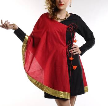 Women's Designer Hot Pink Chanderi With Black Fitted Dress 1