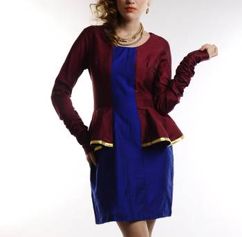 Women's Designer Maroon And Electric Blue Cotton Silk Dress 1