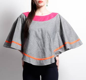 Women's Designer Grey Mangalgiri Poncho With Orange And Pink Details 1