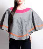 Women's Designer Grey Mangalgiri Poncho With Orange And Pink Details