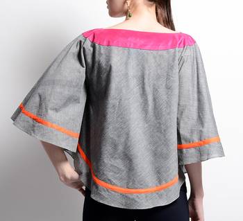 Women's Designer Grey Mangalgiri Poncho With Orange And Pink Details 2
