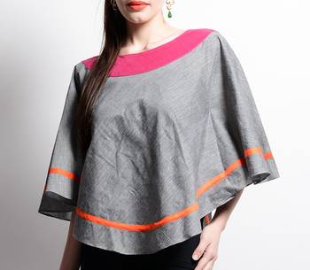 Women's Designer Grey Mangalgiri Poncho With Orange And Pink Details 3