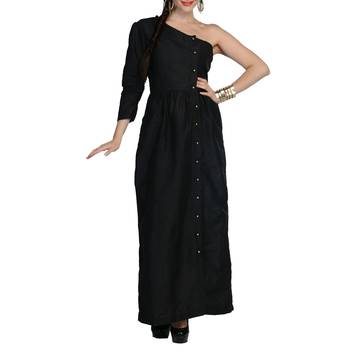 Women's Designer Black One Shoulder Maxi With Gathers 1