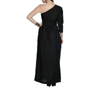 Women's Designer Black One Shoulder Maxi With Gathers 2