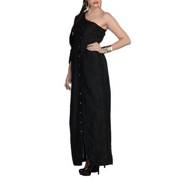Women's Designer Black One Shoulder Maxi With Gathers 3