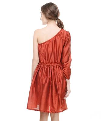 Women's Designer Maroon Cotton Silk Gathered Dress 2