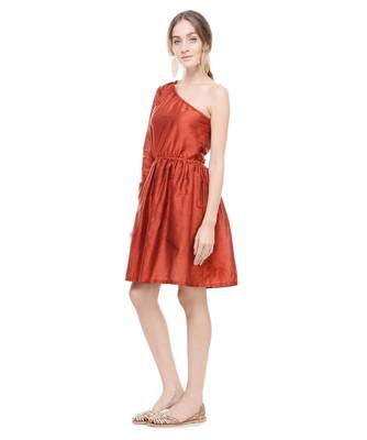 Women's Designer Maroon Cotton Silk Gathered Dress 3