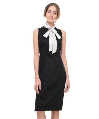 Women's Designer Black Cotton Lycra Dress With Printed Bow Tie Collar 1