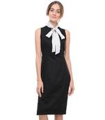 Women's Designer Black Cotton Lycra Dress With Printed Bow Tie Collar