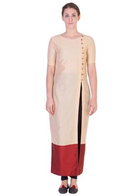 Women's Designer Beige Solid Tunic With With Assymetrical Buttoning 1
