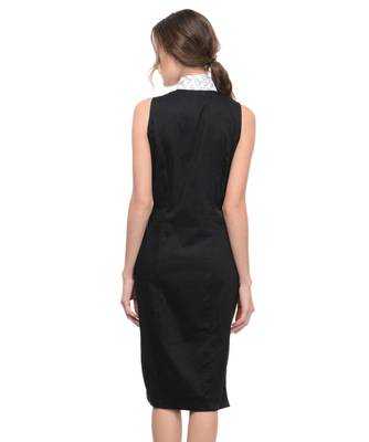 Women's Designer Black Cotton Lycra Dress With Printed Bow Tie Collar 2