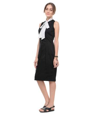 Women's Designer Black Cotton Lycra Dress With Printed Bow Tie Collar 3