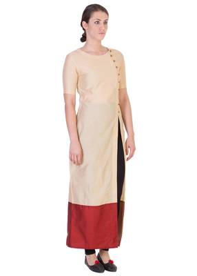 Women's Designer Beige Solid Tunic With With Assymetrical Buttoning 3