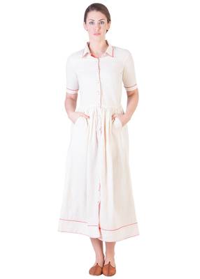 Women's Designer Muslin Gathered Dress With Red Details 1