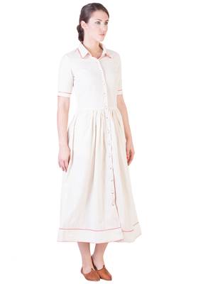 Women's Designer Muslin Gathered Dress With Red Details 3