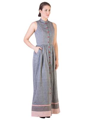 Women's Designer Grey Mangalgiri Maxi With Red Details 4