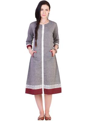 Women's Designer Grey Mangalgiri Dress With Contrast Pocket And Printed Border 1