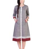 Women's Designer Grey Mangalgiri Dress With Contrast Pocket And Printed Border