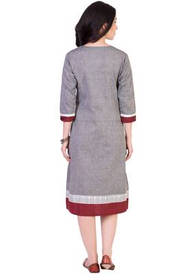 Women's Designer Grey Mangalgiri Dress With Contrast Pocket And Printed Border 2