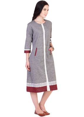 Women's Designer Grey Mangalgiri Dress With Contrast Pocket And Printed Border 3