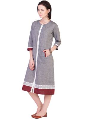 Women's Designer Grey Mangalgiri Dress With Contrast Pocket And Printed Border 4